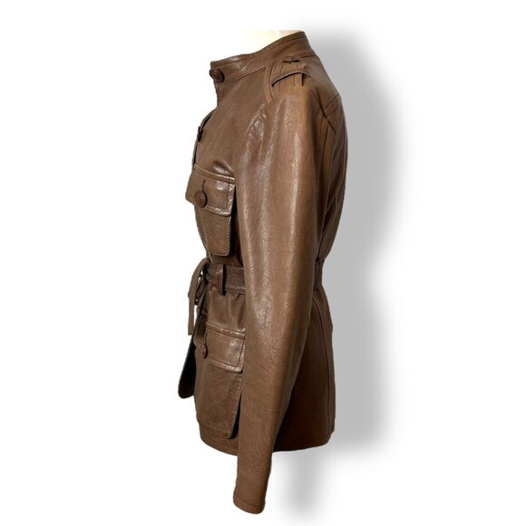 Max Studio Brown Leather Jacket, Belted Nero Collarless Pockets Lined Hip Length - Picture 5 of 11